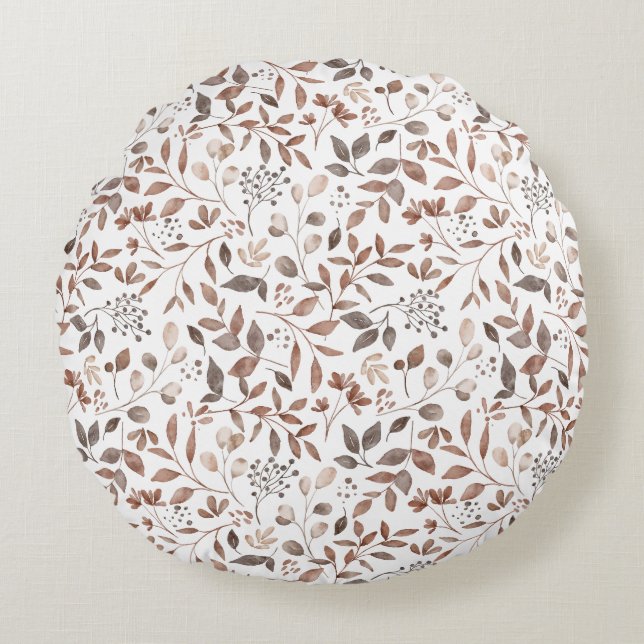 Almofada Redonda Folhas Botânicas de Terracota Marrom Boho (Frente)