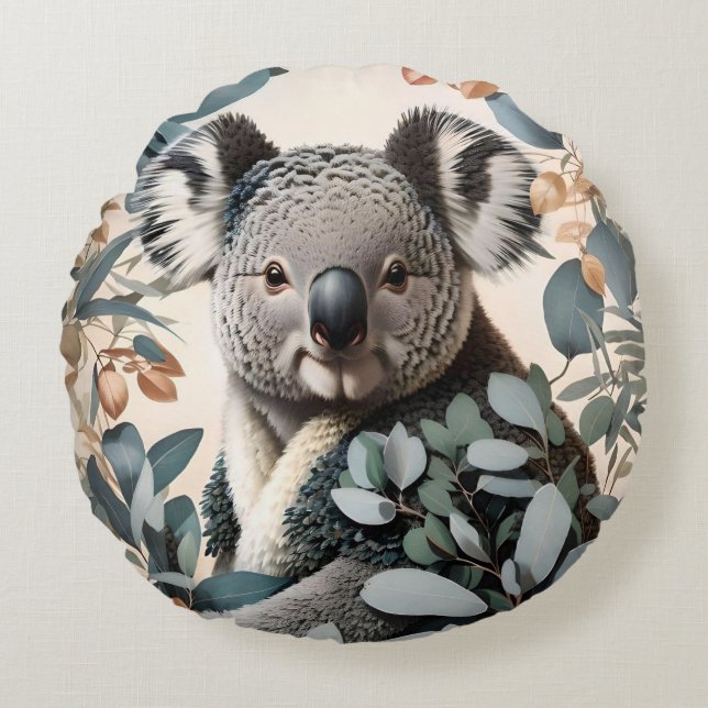 Almofada Redonda Folhas Cute Koala Eucalyptus (Frente)