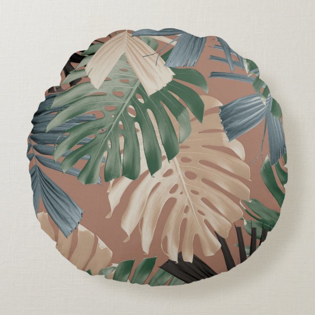 Almofada Redonda Folhas da Selva Tropical Monstera 2 (Frente)