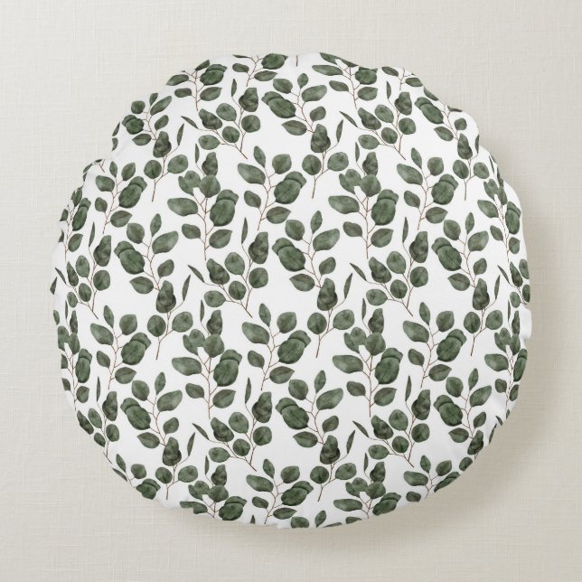 Almofada Redonda Folhas de Eucalipto Verde Botânico Branco Moderno (Frente)