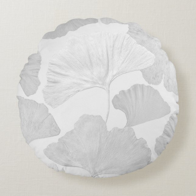 Almofada Redonda Folhas de Ginkgo Sonho Cinza Suave 2 (Frente)