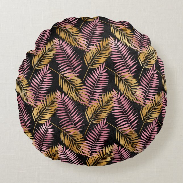 Almofada Redonda Folhas de Leopardo rosa e Dourada (Frente)