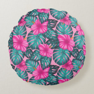 Almofada Redonda Folhas de Monstera e Hibiscus Teal e Rosa a Rosa