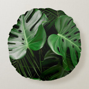 Almofada Redonda Folhas de monstera verde e palmeiras
