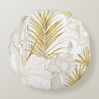 Almofada Redonda Folhas de palma de ouro de linha floral exótica tr