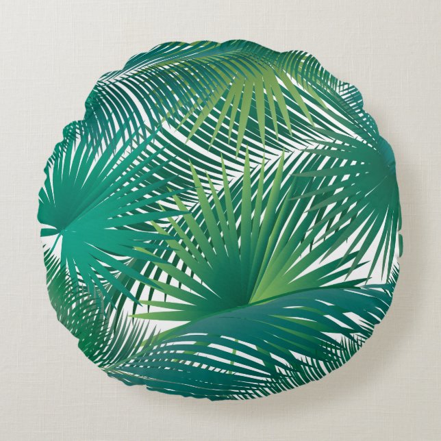 Almofada Redonda Folhas de Palmeiras Tropicais Padrão Tendência Aqu (Frente)