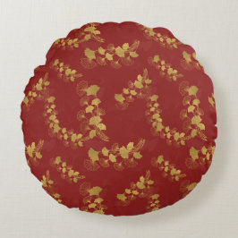 Almofada Redonda Folhas Douradas de Gingko Balboa no fundo vermelho