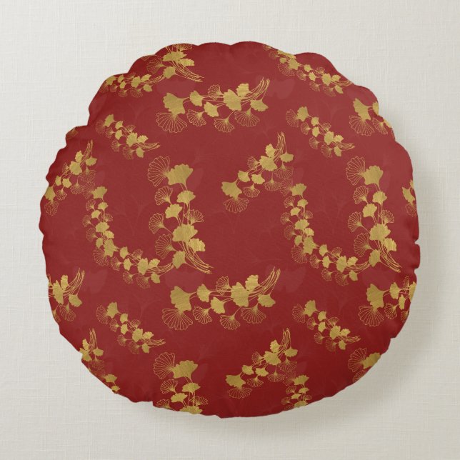 Almofada Redonda Folhas Douradas de Gingko Balboa no fundo vermelho (Frente)