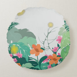 Almofada Redonda Folhas e Flores Tropicais Pastel