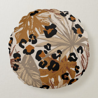 Almofada Redonda Folhas tropicais abstrato e camouf-leopardo-grunha