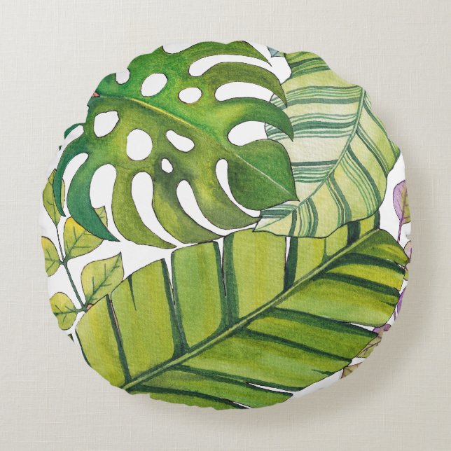 Almofada Redonda Folhas Tropicais Cujas Cores De Água (Frente)