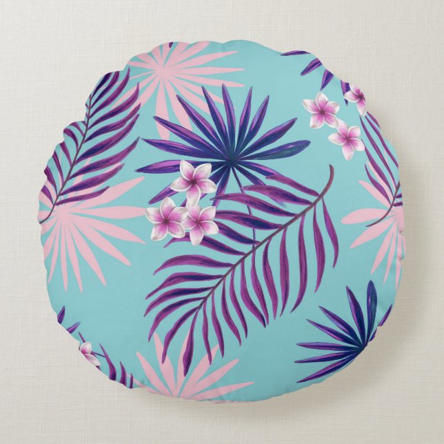 Almofada Redonda Folhas tropicais e flores 2 (Frente)