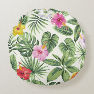 Almofada Redonda Folhas tropicais, flores, padrão de colheita sem c