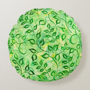 Almofada Redonda Folhas verde-aquarela num fundo amarelo-esverdeado