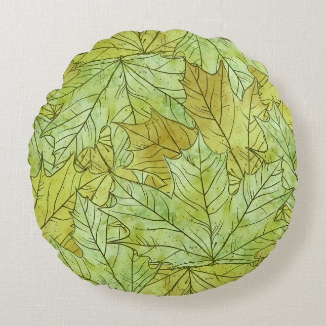 ALMOFADA REDONDA FOLHAS VERDE E LARANJA (Frente)