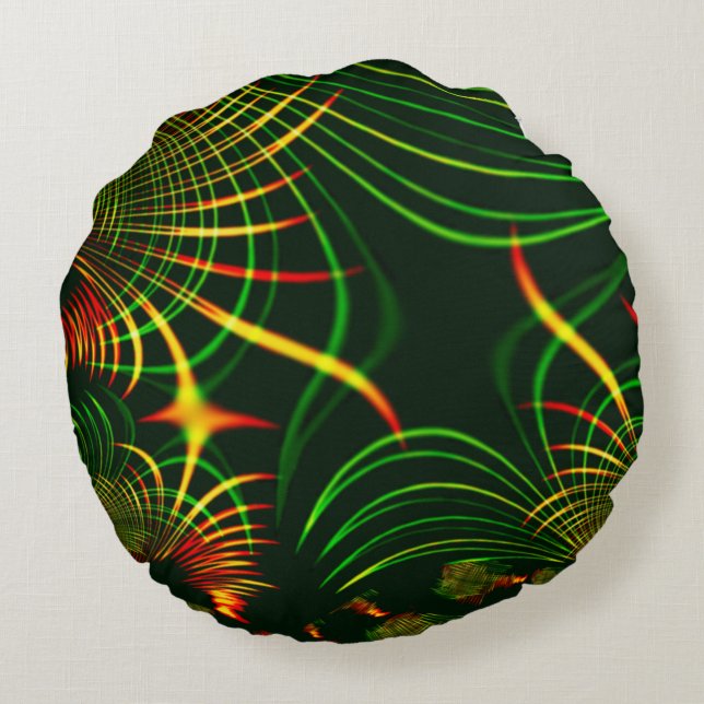 Almofada Redonda Folhas verdes virtuais, curvas amarelas de cor ama (Verso)