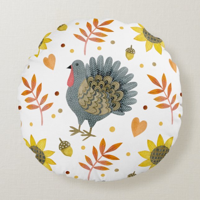 Almofada Redonda Folk Art Turkeys (Frente)