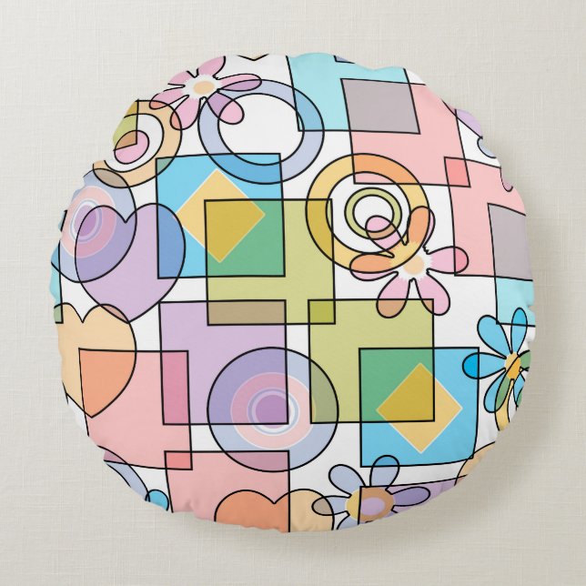 Almofada Redonda Forma geométrica pastel sem costura círculos quadr (Frente)