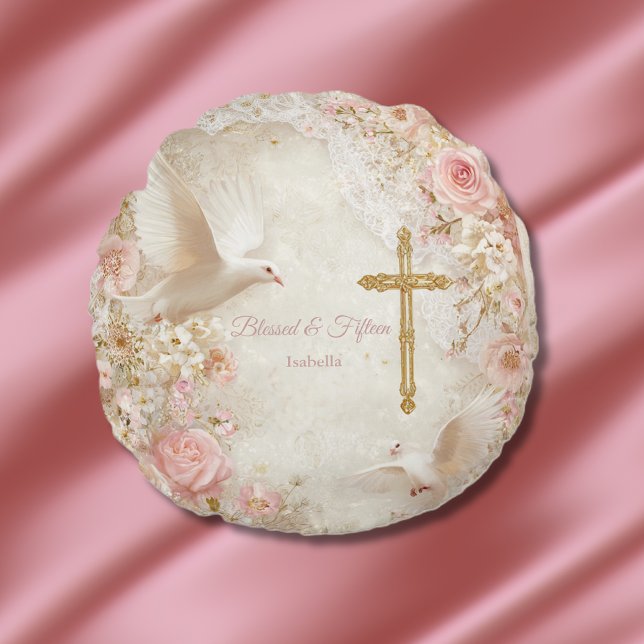 Almofada Redonda Forte Blush e Dourado Quince, personalizado (Criador carregado)