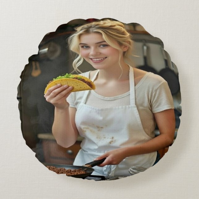 Almofada Redonda Foto de Comer Tacos Personalizar (Frente)