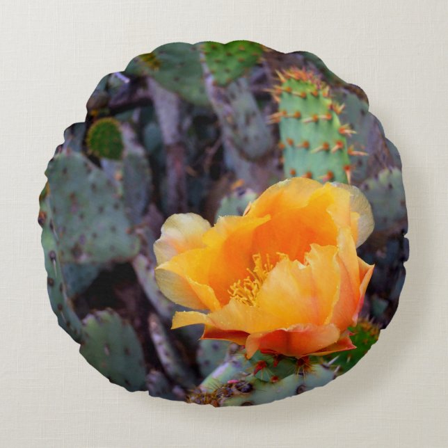 Almofada Redonda Foto de flor de cacto de pera picante de laranja (Frente)