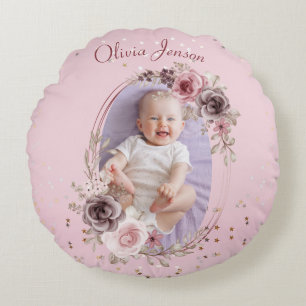 Almofada Redonda Foto de Menina Bebê Fofa Elegante Moderna Floral R