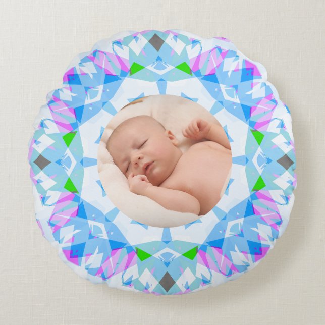 Almofada Redonda Foto de Natal Personalizada de Pastéis Bonito Suav (Frente)