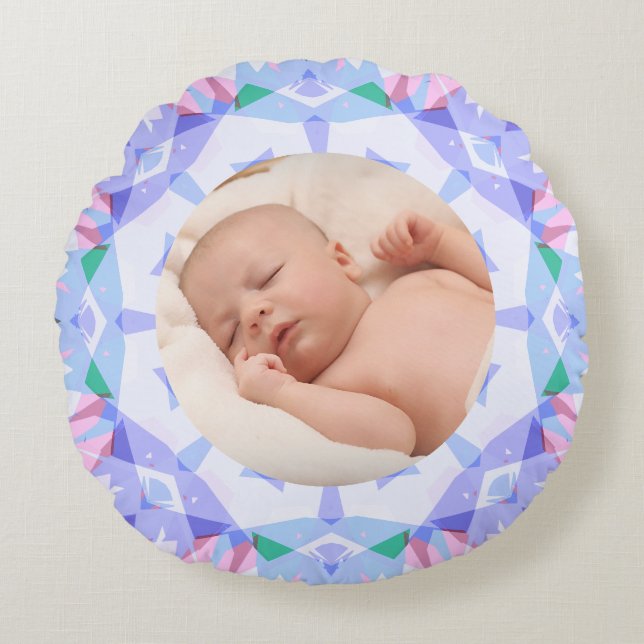 Almofada Redonda Foto de Natal Personalizada de Pastéis Bonito Suav (Frente)