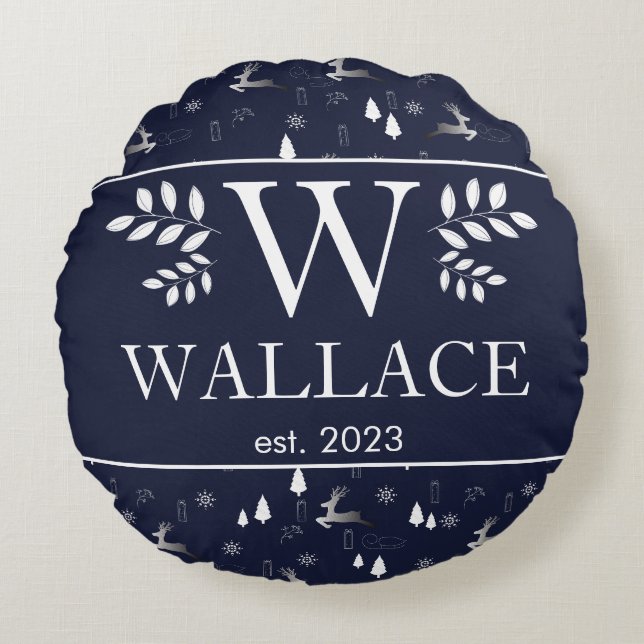 Almofada Redonda Foto de recém-casados com monograma de Natal simpl (Frente)