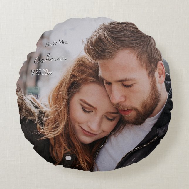 Almofada Redonda Foto Personalizada Romântica do Primeiro Ano (Frente)