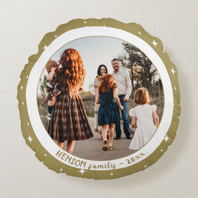 Almofada Redonda Foto Simples da Família de Natal do Ouro Festivo (Frente)