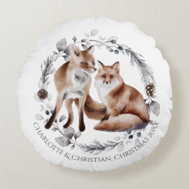 Almofada Redonda Fox Casal Winter Wreath Christmas Personalizado