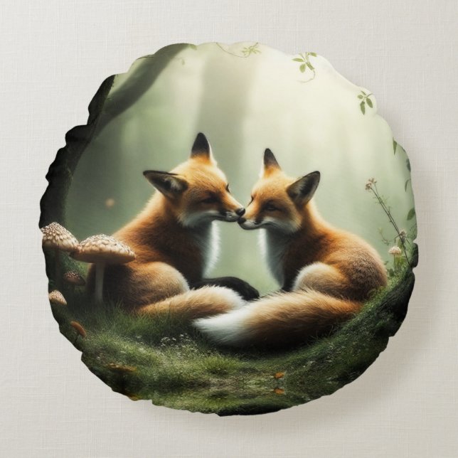 Almofada Redonda Fox Cuddle in Misty Forest (Frente)