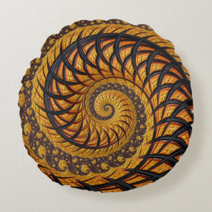 Almofada Redonda Fractal Espiral abstrato preto e Dourado
