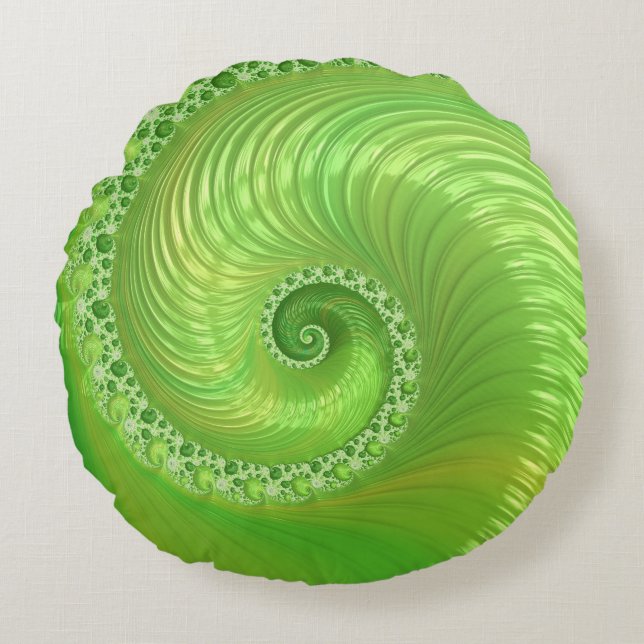 Almofada Redonda Fractal Espiral Verde Moderno (Frente)