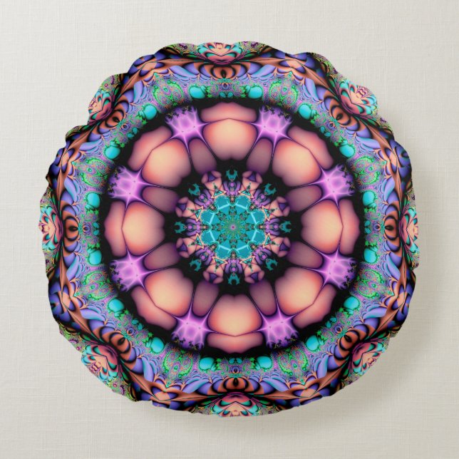 Almofada Redonda Fractal Mandala Arte Psicodélica Floral (Frente)