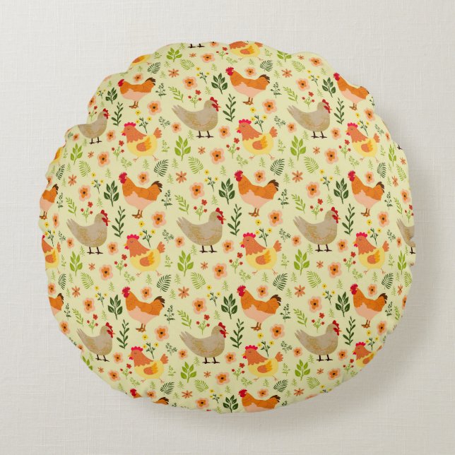 Almofada Redonda Frango sem Fazenda e Padrão Floral (Frente)