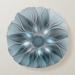 Almofada Redonda Fratura Floral Abstrato Azul Cinza de Flor Alegre