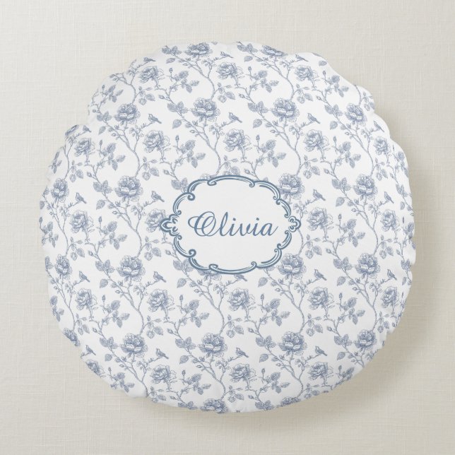 Almofada Redonda French Blue Toile Chinoiserie Floral Girls Name (Frente)