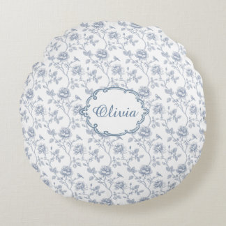Almofada Redonda French Blue Toile Chinoiserie Floral Girls Name
