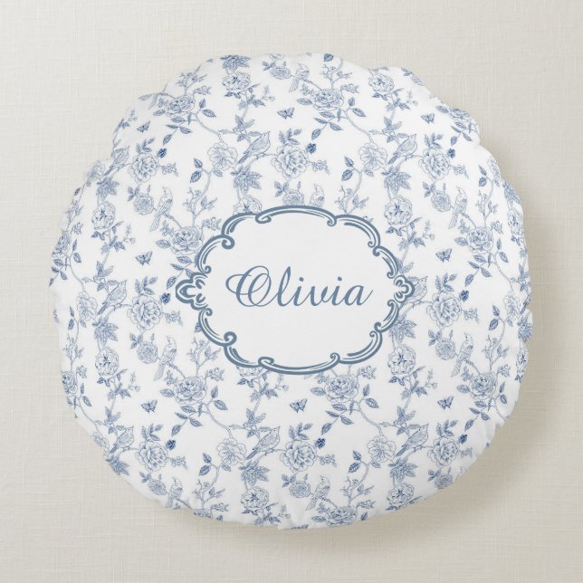 Almofada Redonda French Blue Toile Chinoiserie Floral Girls Name (Frente)