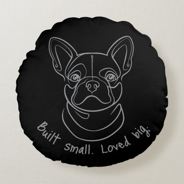 Almofada Redonda French Bulldog Line Art. Built Small. Loved Big. (Frente)