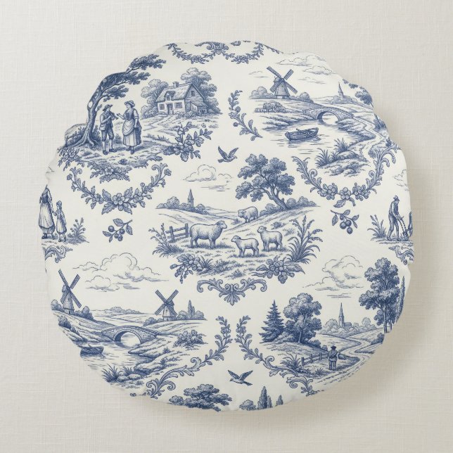 Almofada Redonda French Country - Blue & Cream Toile Countryside (Frente)