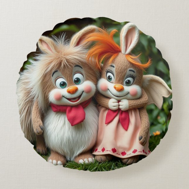 Almofada Redonda „Fröhliche Hasenfreunde im Frühlingsgarten“ (Frente)