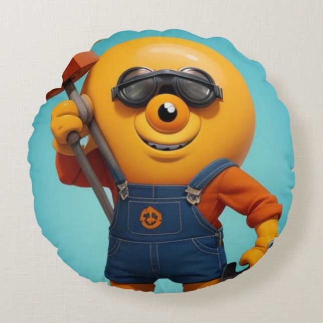 Almofada Redonda Fröhlicher Baumeister – Gelber Held mit Hammer   (Frente)