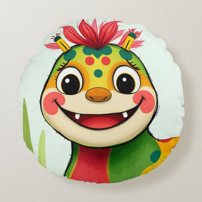 Almofada Redonda „Fröhlicher Dschungeldrache – Bunt und Glücklich“ (Frente)