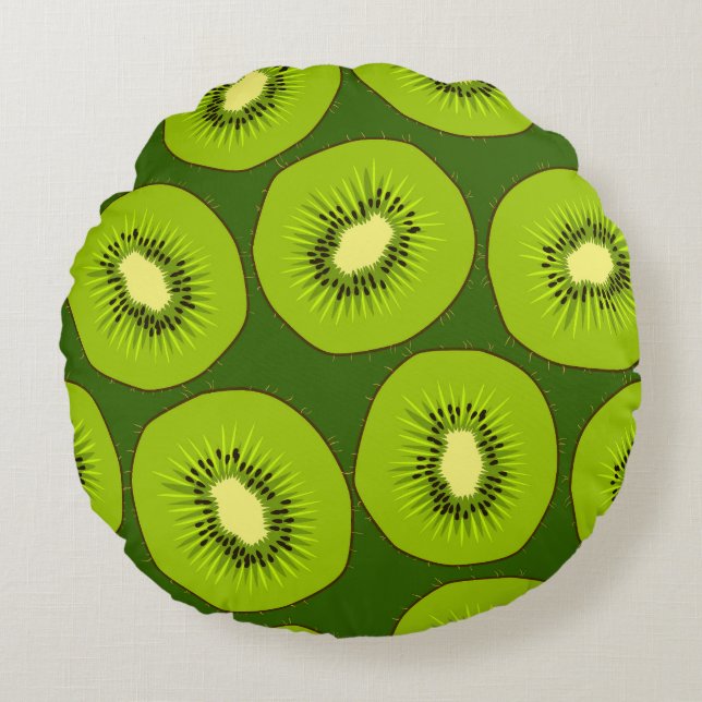Almofada Redonda Fruta de Kiwi: verde escuro. (Frente)
