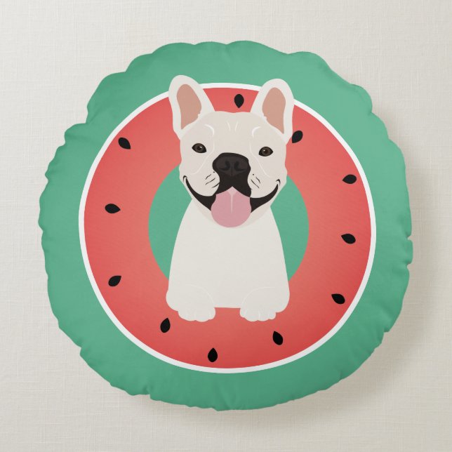 Almofada Redonda Fruta de Melancia Bulldog Francesa (Frente)