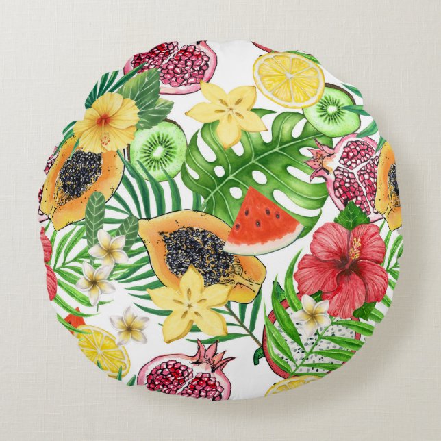 Almofada Redonda Frutas tropicais, flores e folhas em branco (Frente)