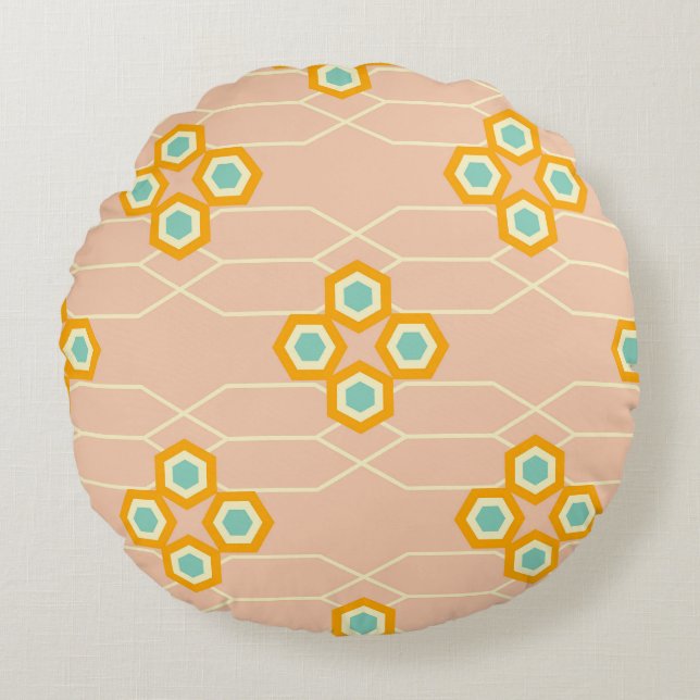 Almofada Redonda Fundo de pêssego com padrão floral hexagonal (Frente)